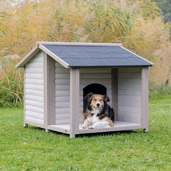 (BV)Hundkoja Lodge, med altan, M-L: 130 × h100 × 105 cm, grå